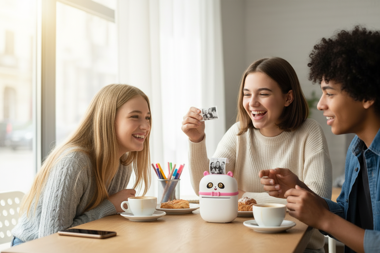 Adolescente au café avec la mini imprimante panda