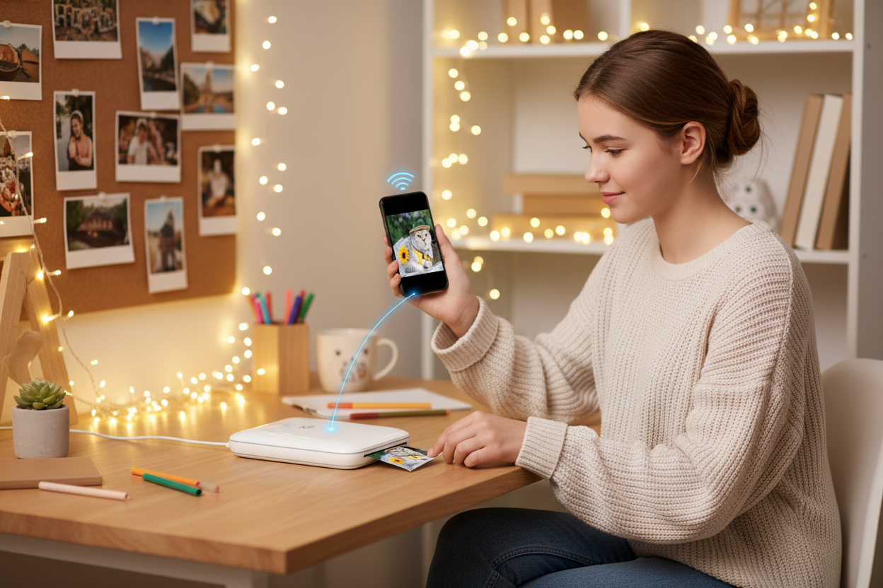 Adolescente avec imprimante Bluetooth