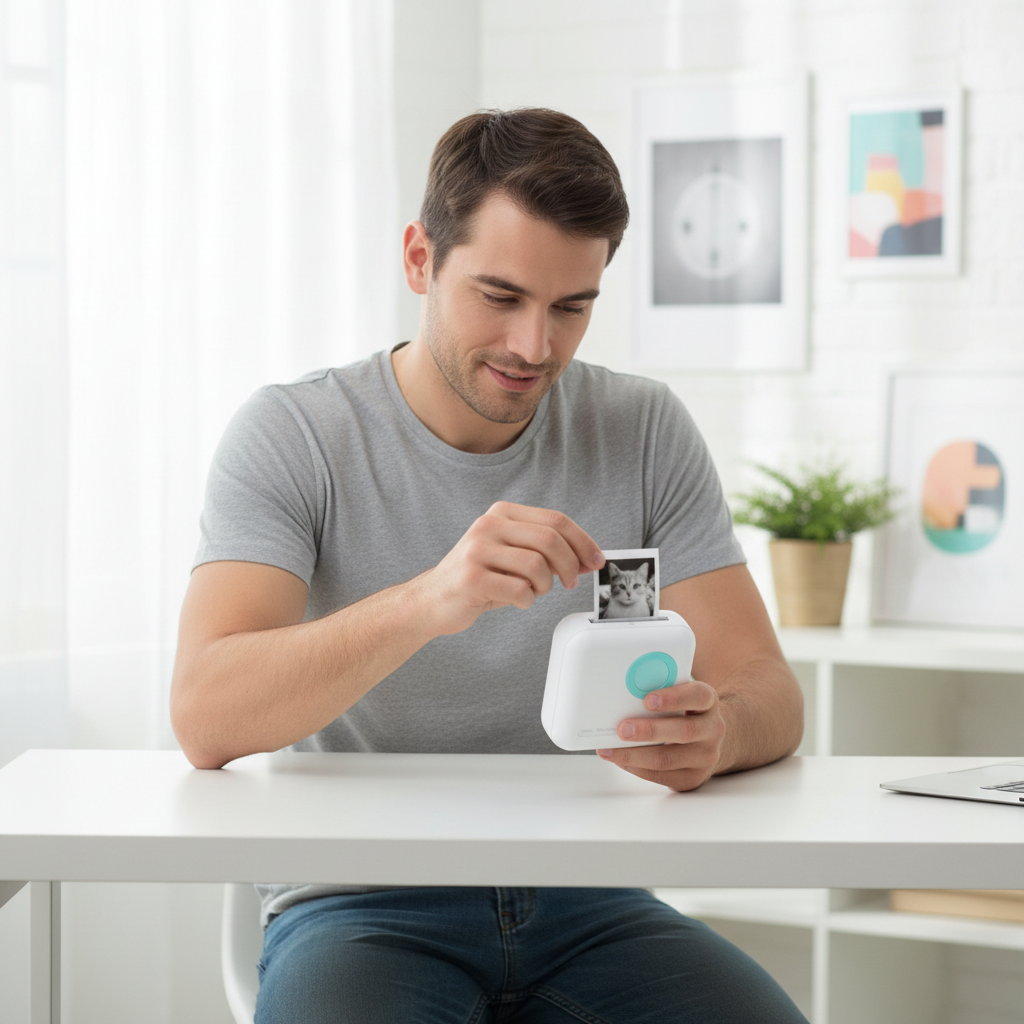 Homme utilisant la mini imprimante